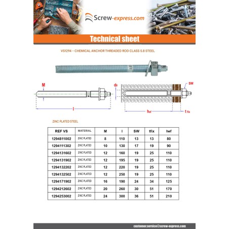 1 x Threaded Rod Anchor CHEMICAL M10X130 Zinc Plated
