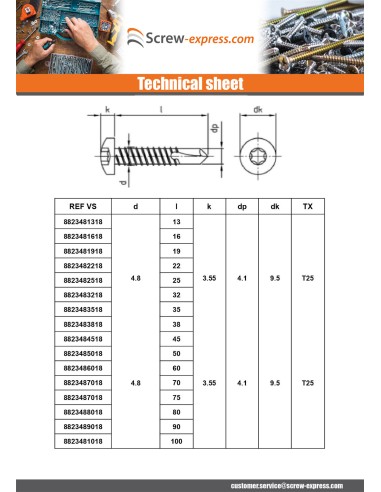 1 x Self Drilling Pan Head 4.8X50 T25 Stainless...