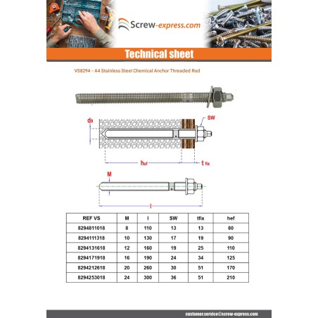 1 x Threaded Rod Anchor CHEMICAL M16X190 Stainless Steel A4