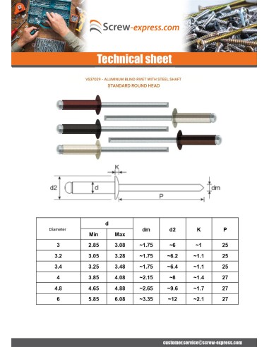 1 x Blind rivets Aluminium Stahlgewinde 3.4X7...