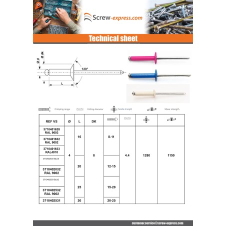 1 x Peel Rivet GOSTAR Aluminum Steel Rod Standard round head 4X16