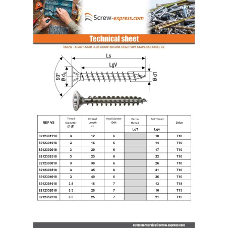 1 x Spax T-STAR MORE Countersunk Head T30 Stainless Steel A2 6X40 Full Thread