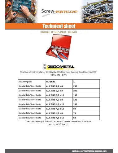 1 x Set of Pliers GO9600 + 100 Rivet DEGOMETAL