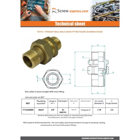 1 x Straight union fitting 20x27 (3/4") Male / Male Brass Figure 344
