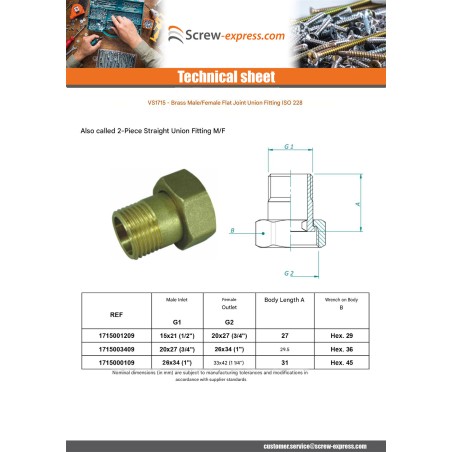 1 x Flat union fitting Male/Female 26x34 (1") X 33x42 (1"1/4) Brass