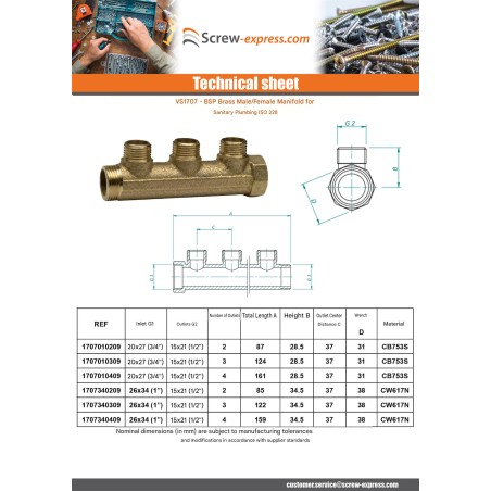 1 x Manifold 4 exits 20x27 (3/4") Male/Female Brass for sanitary plumbing