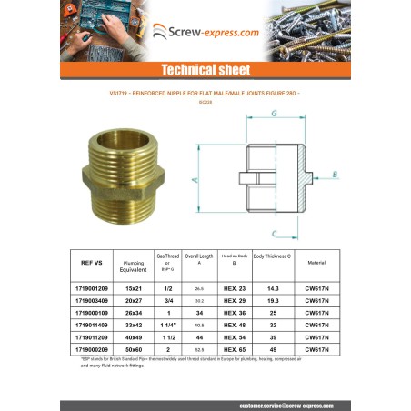 1 x Nipple flat joint figure 280 Male / Male reinforced 3/4" Brass