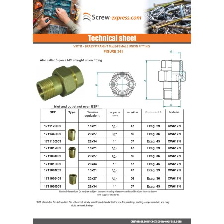 1 x Straight union fitting with O-ring seal 15x21 (1/2") Male/Female Brass Figure 341