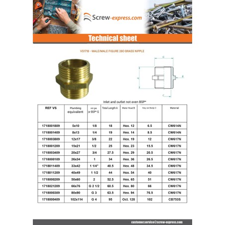 1 x Nipple figure 280 Male / Male 3/8" Brass