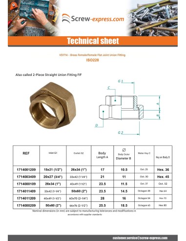 1 x Flat union fitting Female/Female 26x34 (1")...