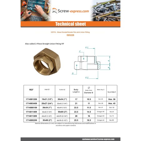 1 x Flat union fitting Female/Female 15x21 (1/2") X 26x34 (1") Brass