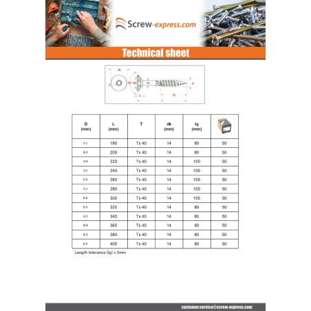 1 x Framing screws TEKOR Countersunk Head With Serration T40 10X220 Thread Length: 80 cut Type 17 Drilling Point Zinc