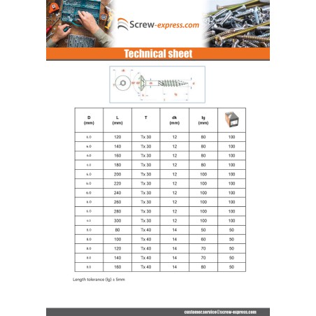 1 x Framing screws TEKOR Countersunk Head With Serration T40 10X200 Thread Length: 80 cut Type 17 Drilling Point Zinc