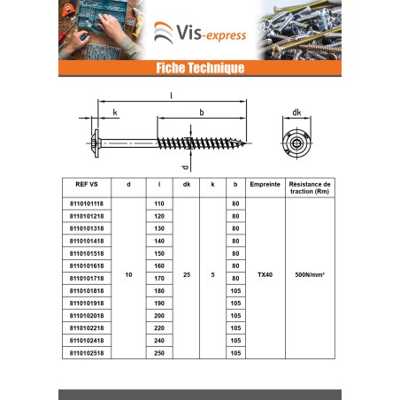 1 x Carpenter Screw Disc Head Stainless Steel A2 8X250 Thread Length: 80 T40 Head Diameter: 20