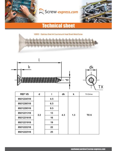 1 x Thread Rolling Screw Countersunk Head...