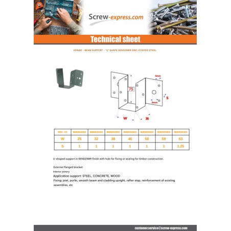 1 x Joist hanger U-shaped beam support 50X75 Sendzimir