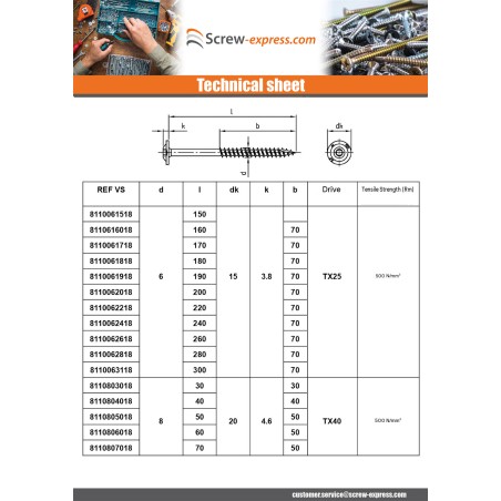 1 x Carpenter Screw Disc Head Stainless Steel A2 8X200 Thread Length: 80 T40 Head Diameter: 20