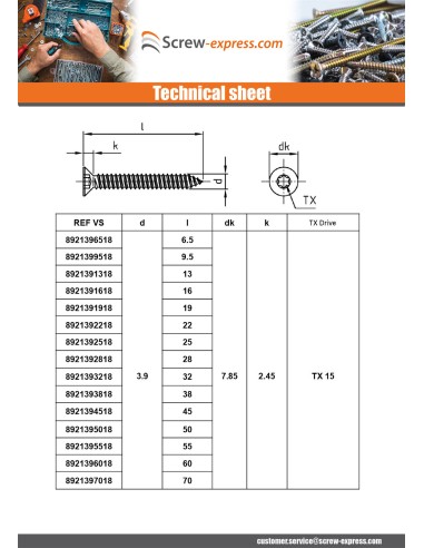 1 x Thread Rolling Screw Countersunk Head...