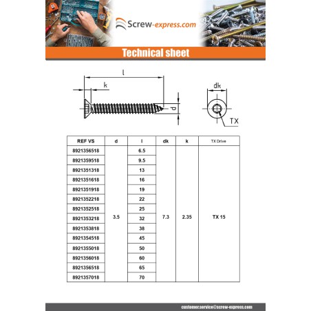1 x Thread Rolling Screw Countersunk Head 2.9X32 T10 Stainless Steel A4