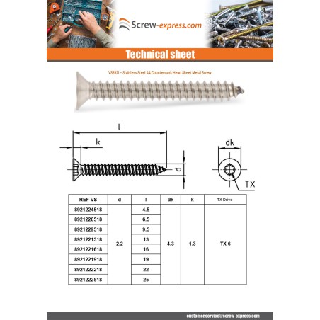 1 x Thread Rolling Screw Countersunk Head 5.5X80 T25 Stainless Steel A4