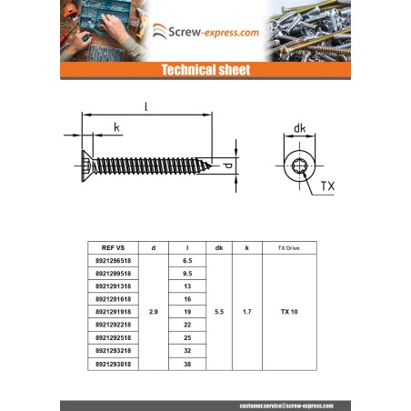 1 x Thread Rolling Screw Countersunk Head 2.2X16 T6 Stainless Steel A4