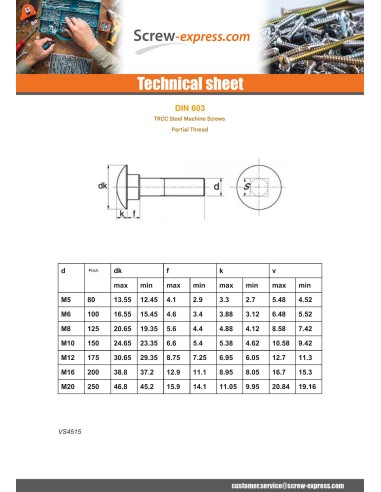 1 x Carriage Bolt M10X30 Partial Thread Class...