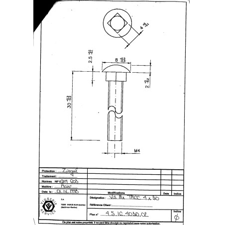 1 x Carriage Bolt M4X30 Full Thread Square 4X4X2.5 Zinc Plated