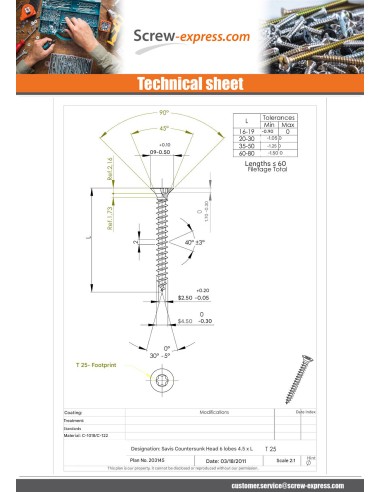 1 x Chipboard Screw Countersunk Head T25 4.5X50...