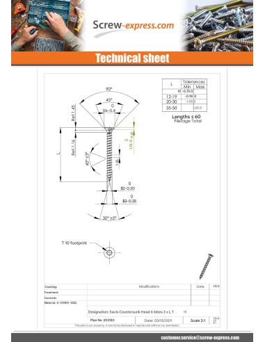 1 x Chipboard Screw Countersunk Head T10 3X12...