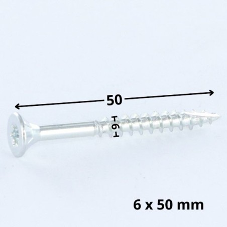 1 x Chipboard Screw Tekor Countersunk Head With Serration 6X50 T30 Zinc Plated Full Thread cut Type 17 Drilling Point