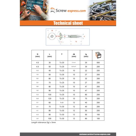 1 x Framing screws TEKOR Countersunk Head With Serration T40 8X80 Thread Length: 50 cut Type 17 Drilling Point Zinc Plated