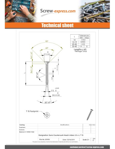 1 x Chipboard Screw Countersunk Head T15 3.5X12...