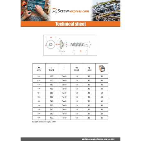 1 x Framing screws TEKOR Countersunk Head With Serration T40 8X80 Thread Length: 50 cut Type 17 Drilling Point Zinc Plated