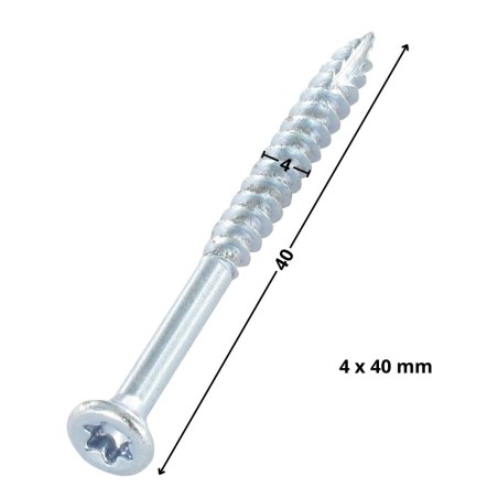 1 x Chipboard Screw Tekor Countersunk Head With Serration 4X40 Thread Length: 24 T20 Head Diameter: 7 Zinc Plated cut Type