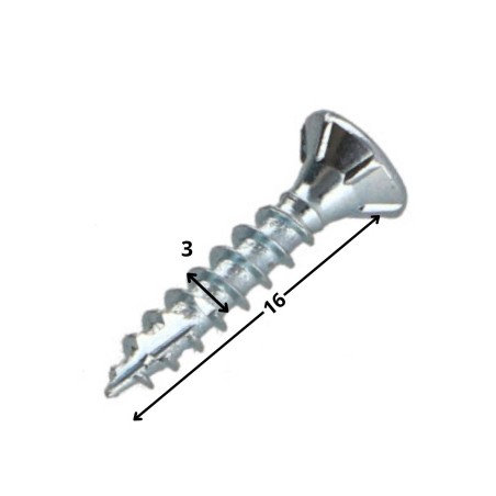 1 x Chipboard Screw Tekor Countersunk Head With Serration 3X16 T10 Zinc Plated Full Thread cut Type 17 Drilling Point