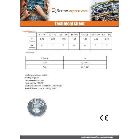 1 x Chipboard Screw Tekor Countersunk Head With Serration 3X16 T10 Zinc Plated Full Thread cut Type 17 Drilling Point