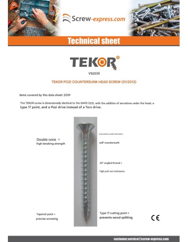 1 x Chipboard Screw Tekor Countersunk Head With...