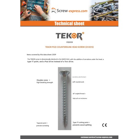 1 x Chipboard Screw Tekor Countersunk Head With Serration Pozi PZ2 5X60 Thread Length: 40 cut Type 17 Drilling Point Zinc