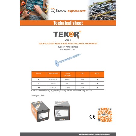 1 x Chipboard Screw Tekor Disc Head Screw T30 cut Type 17 Drilling Point 6X50 Full Thread Zinc Plated