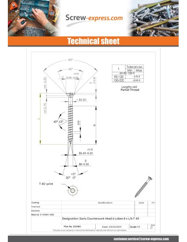 1 x Chipboard Screw Countersunk Head T40 8X80...