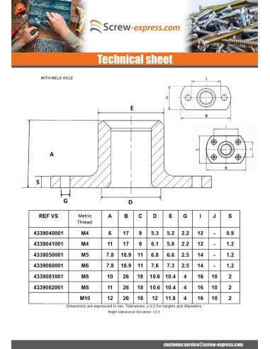 1 x Cylindrical Welding Nut internal boss M4...
