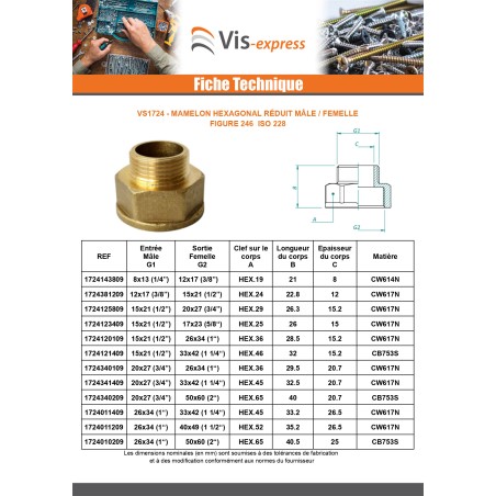 1 x Reduced hexagonal nipple Figure 246 Male/Female 12x17 (3/8') X 15x21 (1/2") Chrome Plated Brass
