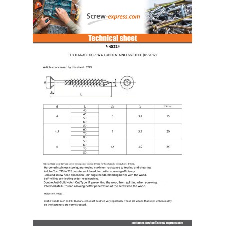 1 x Decking Screw TEKOR Pan Countersunk Head T20 4.5X80 cut Type 17 Drilling Point Stainless Steel C2