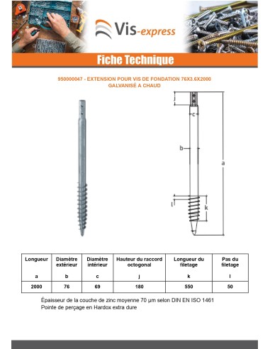 1 x Foundation screw 76X3.6X2000 Hot Dip...
