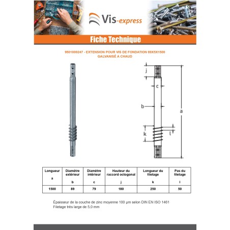 1 x Extension for foundation screws 89X5X1500 Hot Dip Galvanized