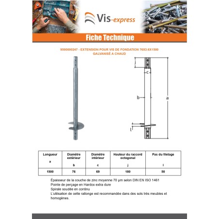 1 x Extension for foundation screws 76X3.6X1500 Hot Dip Galvanized