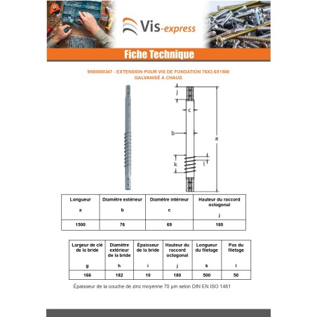 1 x Extension for foundation screws 76X3.6X1500 Hot Dip Galvanized