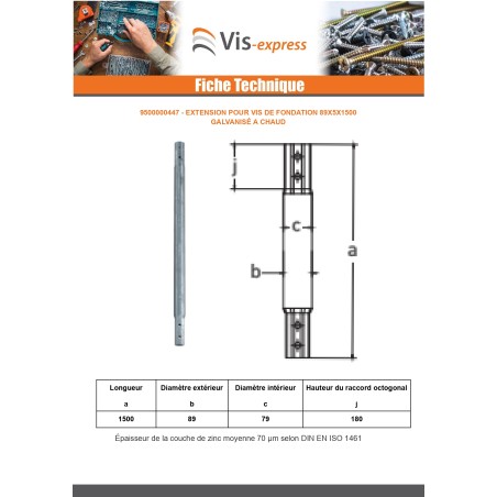 1 x Extension for foundation screws 76X3.6X1500 Hot Dip Galvanized