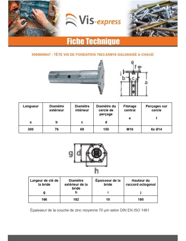 1 x Foundation screw head 76X3.6XM16 Hot Dip...