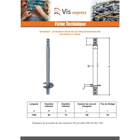 1 x Extension for foundation screws 89X5X1500 Hot Dip Galvanized
